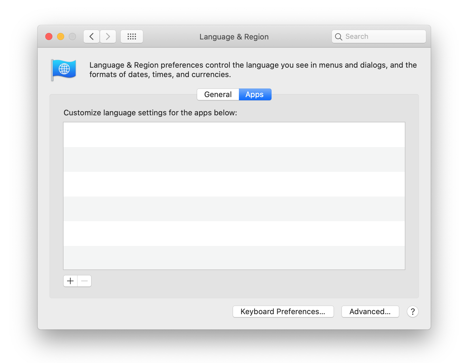 A screenshot of the Mac Language & Region settings open and the Apps tab selected