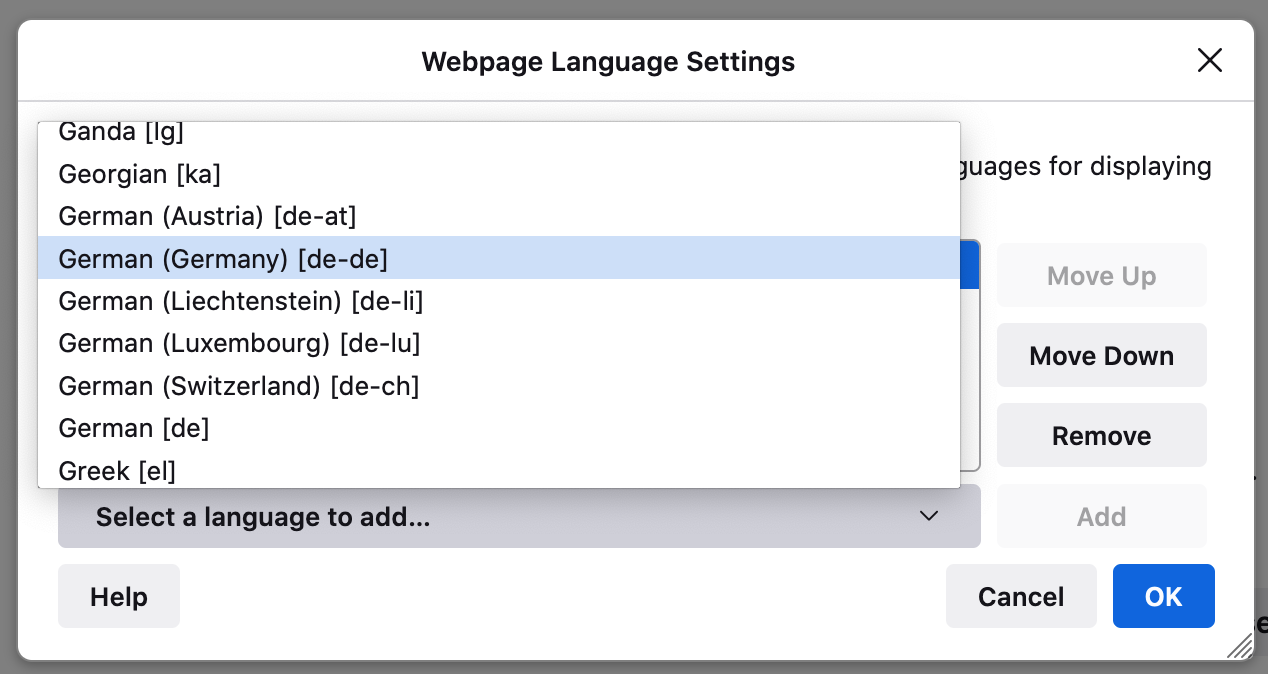 A screenshot of the Mozilla Firefox Web Page Language Settings window with German (Germany) selected