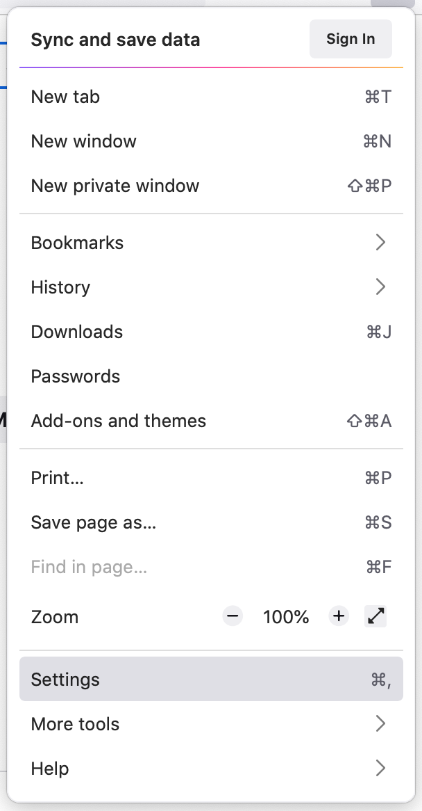 A screenshot of the Mozilla Firefox browser menu opened and the Settings option selected