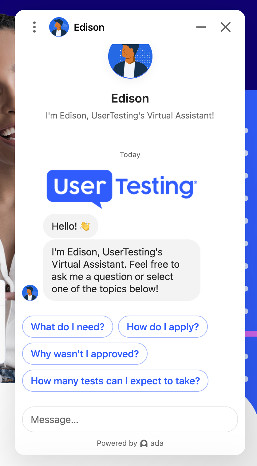 An opened chatbot window  with a standard greeting from UserTesting's virtual assistant, Edison