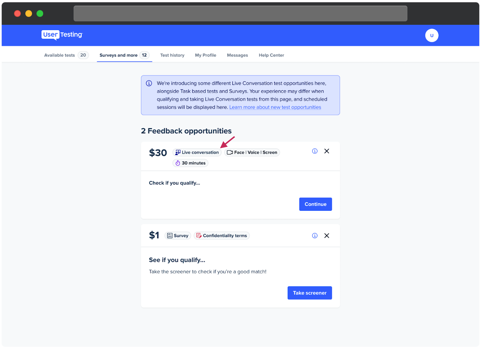 UserTesting dashboard showing available feedback opportunities under Surveys and more. A live conversation opportunity offering 30 dollars for a 30-minute session is highlighted, with labels for Live Conversation and Face, Voice, and Sreen participation, and an arrow pointing to the Live Conversation badge.