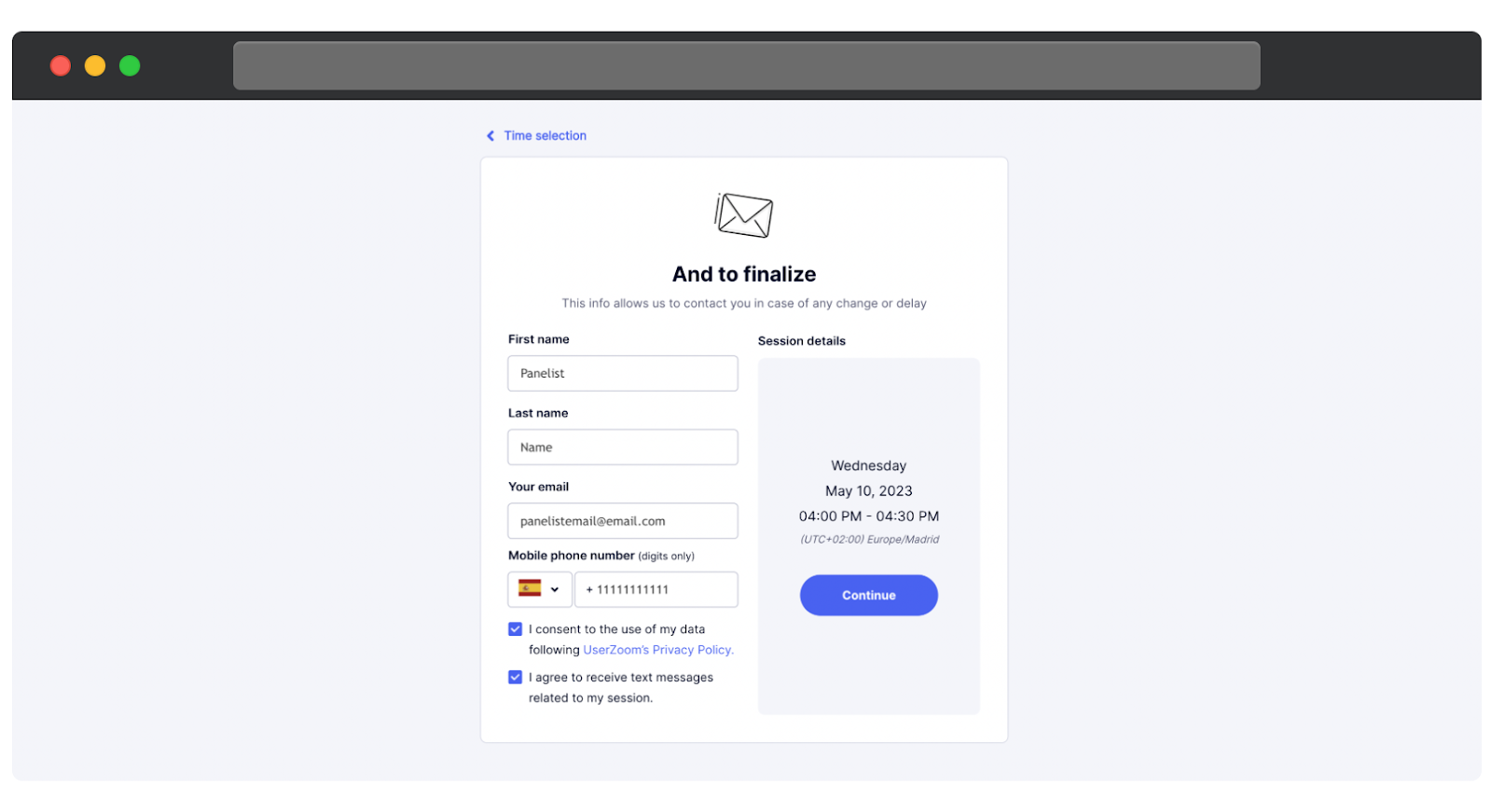 Form screen to finalize booking showing fields for first name, last name, email, and mobile phone number with country code selector. Consent checkboxes are selected for data use and text messages. A side panel displays session details including date, time, and timezone, with a Continue button.