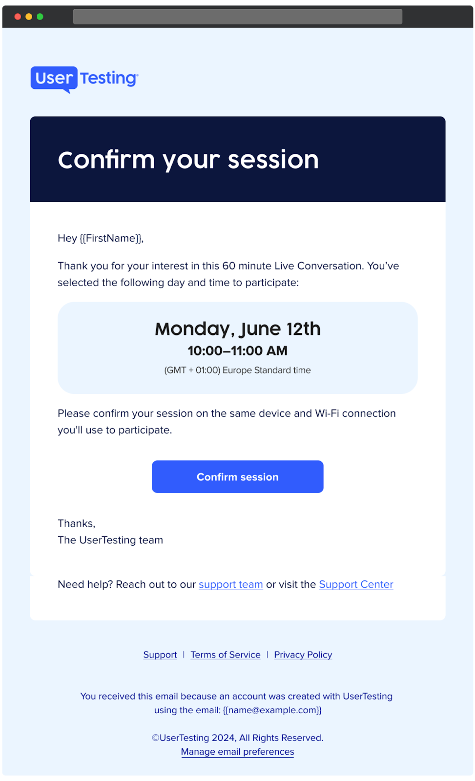 Email from UserTesting asking the participant to confirm their session. It includes the scheduled date and time, a Confirm session button, and links to support resources.