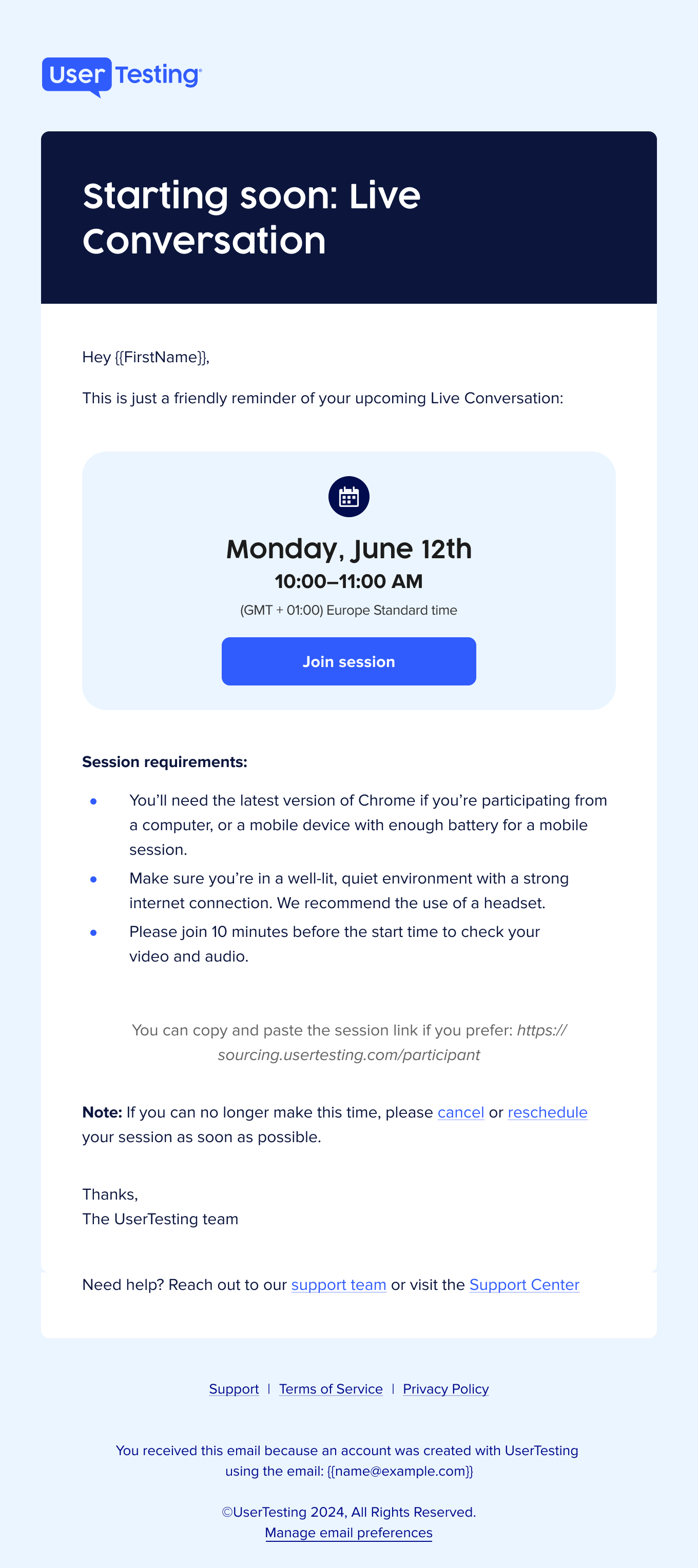 Reminder email from UserTesting about an upcoming Live Conversation, showing the scheduled date and time, a Join session button, session requirements, and links to cancel or reschedule if needed.