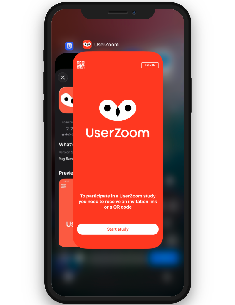 Mobile screen displaying the UserZoom Surveys app in the app switcher view. The app's main screen is centered, showing the red UserZoom logo with a message that says, To participate in a UserZoom study you need to receive an invitation link or a QR code. 