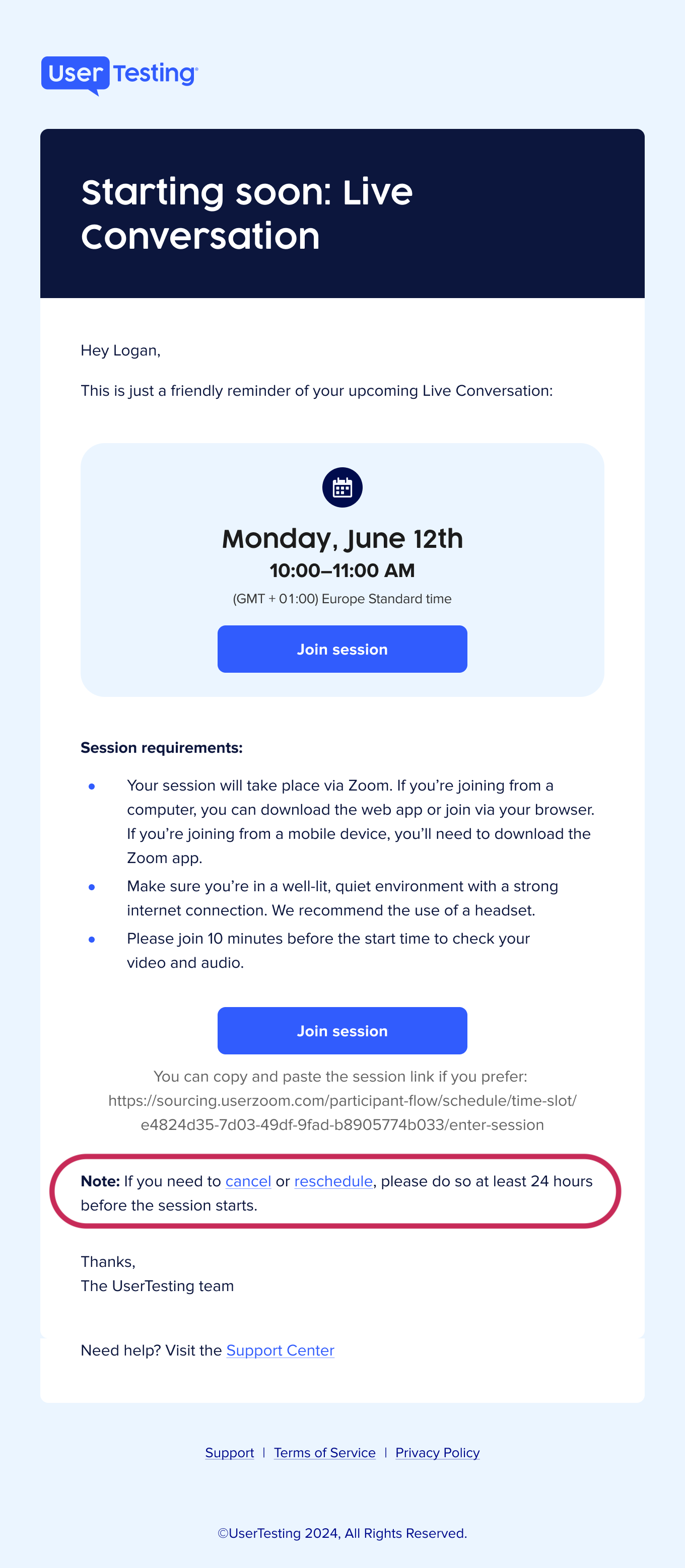 Reminder email from UserTesting about an upcoming Live Conversation, highlighting a note that participants can cancel or reschedule their session using the provided links at least 24 hours before the session starts.