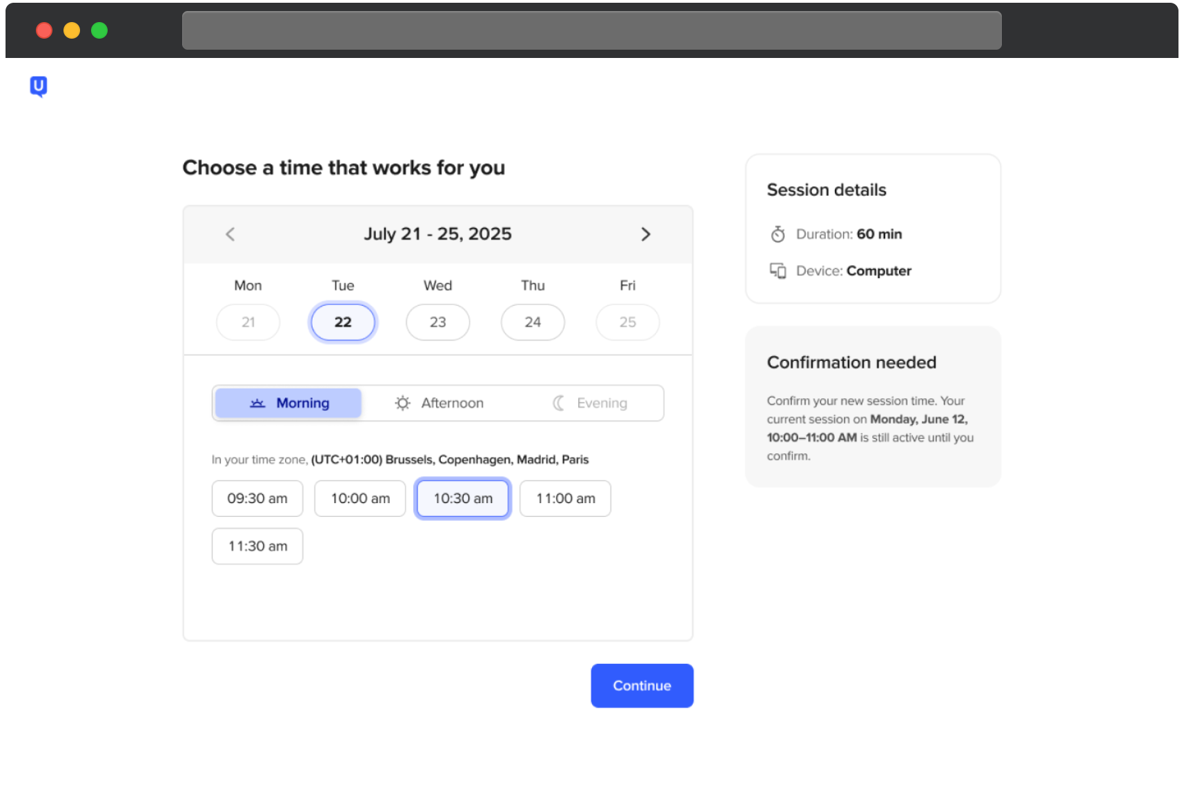 UserTesting screen to check and confirm a new scheduled time for a Live Conversation. The selected time is Tuesday, July 22nd from 10:30 to 11:30 AM in the participant’s time zone. Buttons are shown to Change time or Confirm session. A side panel indicates that the current session will remain active until the new time is confirmed, along with session details including a 60 minute duration and device requirement of computer.