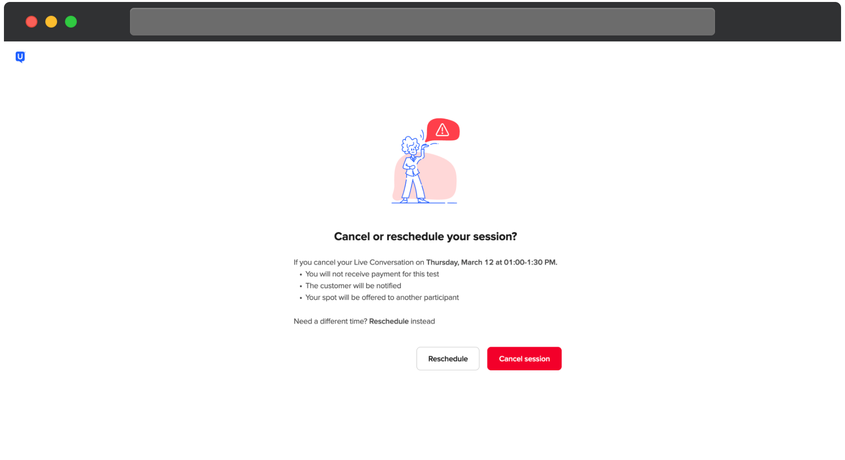 UserTesting confirmation screen indicating that a Live Conversation session has been cancelled. The message confirms the date and time of the cancelled session and thanks the participant for the update.
