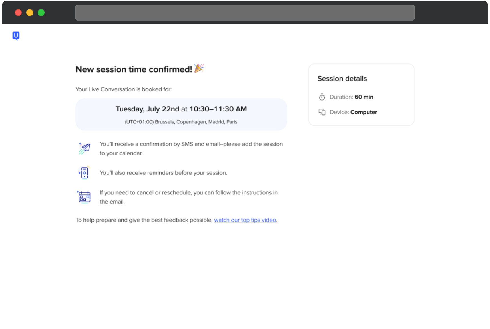 UserTesting confirmation screen indicating a new Live Conversation session time has been successfully booked. The updated session is scheduled for Tuesday, July 22nd from 10:30 to 11:30 AM in the participant’s time zone. The page notes that confirmation and reminders will be sent by SMS and email and includes guidance for canceling or rescheduling if needed. A side panel shows session details including a 60 minute duration and device requirement of computer.