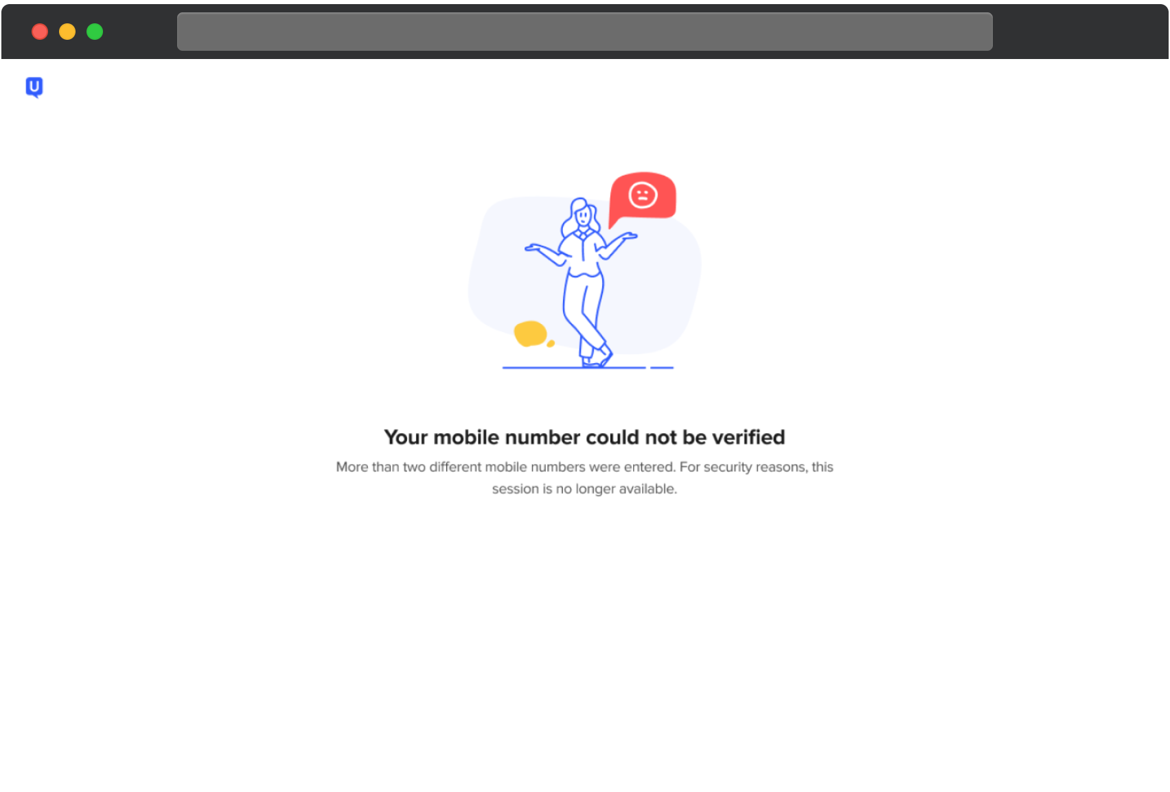 UserTesting error screen stating that the mobile number could not be verified. The message explains that more than two different numbers were entered and, for security reasons, the session is no longer available.