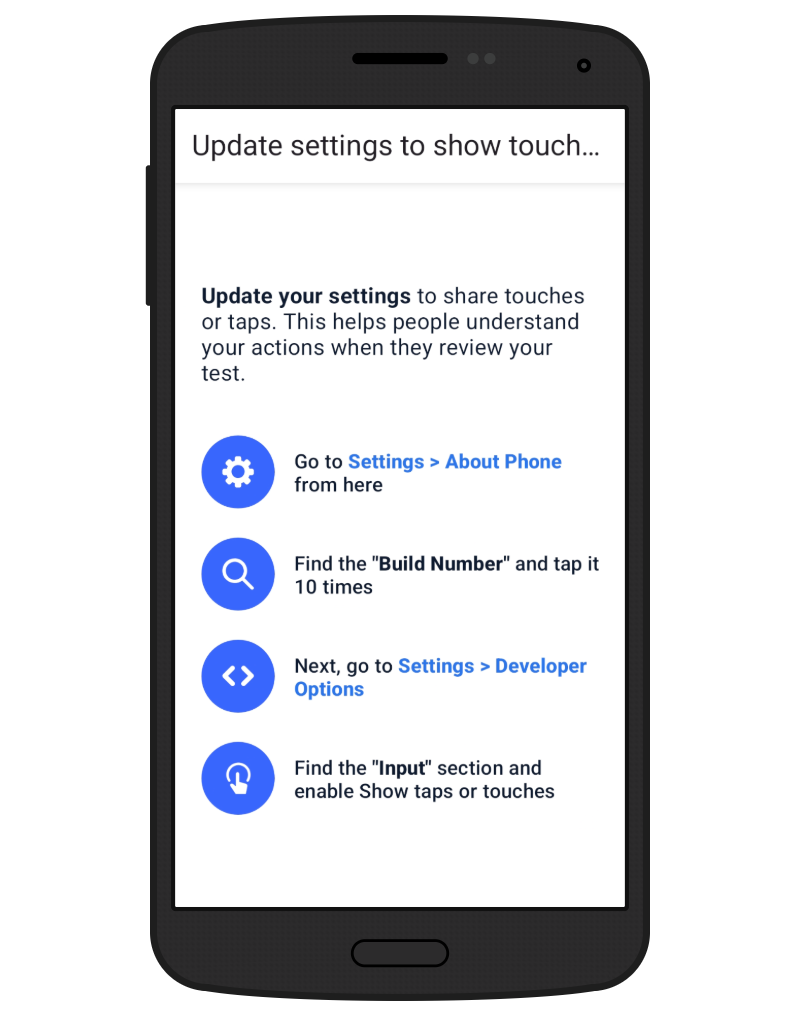 Mobile screen showing instructions to enable touches or taps by updating device settings, including steps to access About Phone, tap Build Number multiple times, open Developer Options, and turn on Show taps or touches.