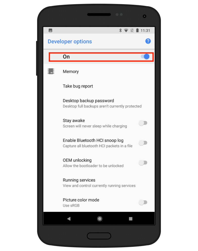 Android Developer options screen showing the feature turned on, with the On toggle highlighted at the top.