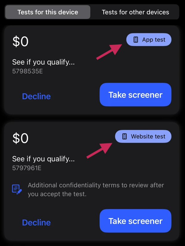 Mobile screen showing available tests with labels for App test and Website test, each with a Take screener button and arrows pointing to the test type labels.