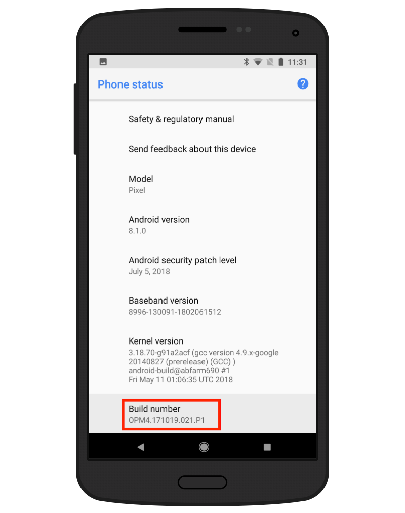 Android phone status screen showing device information such as model, Android version, and security patch level, with the Build number field highlighted at the bottom.