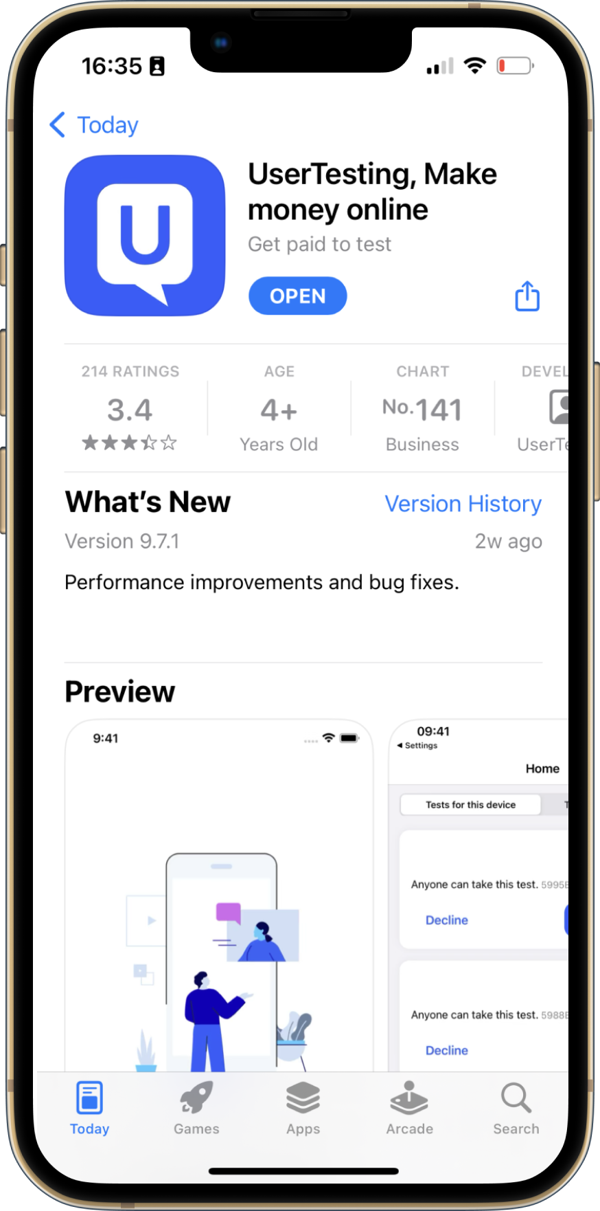 App store listing for the UserTesting app