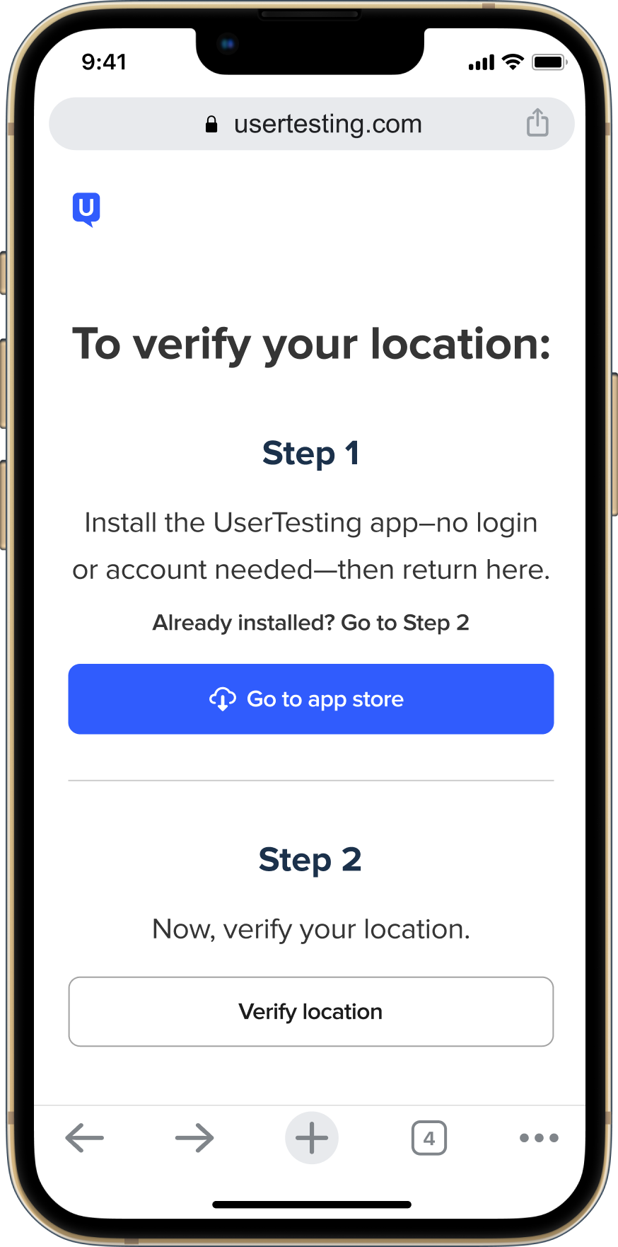 Instructions telling the participant to install the UserTesting app, then return to verify their location