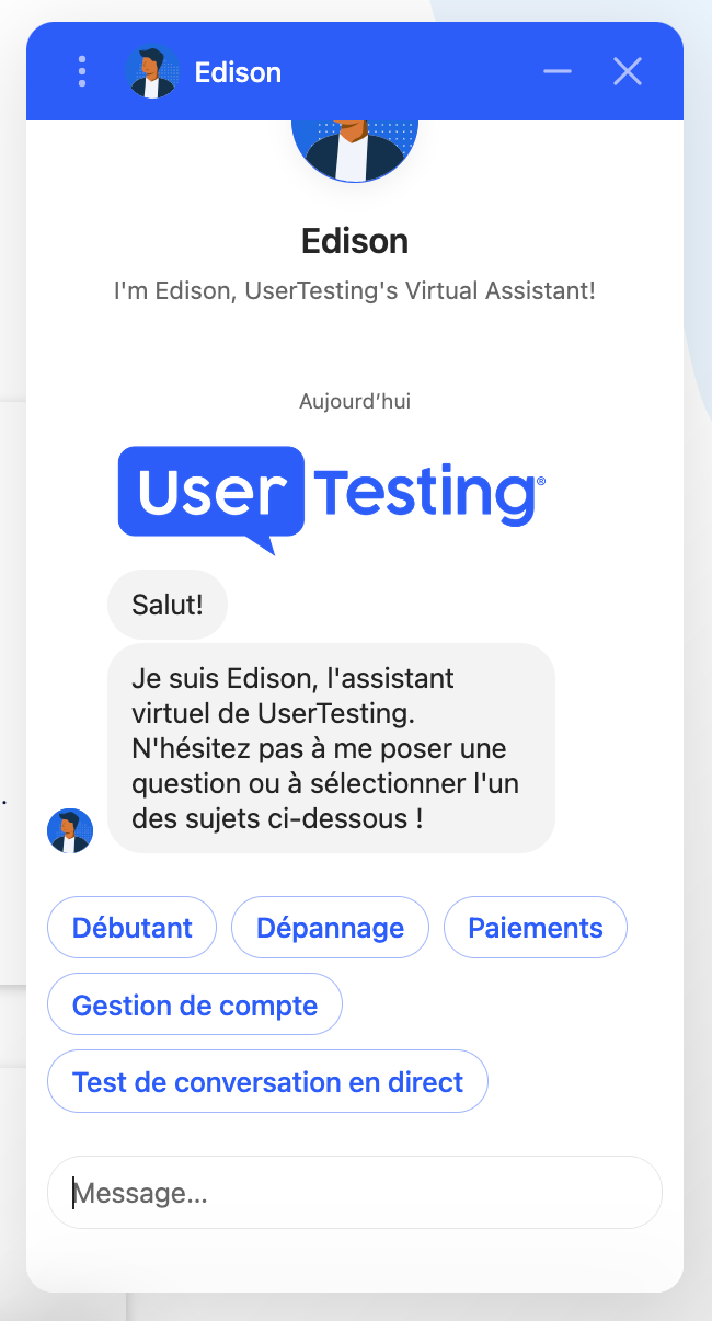 Une fenêtre de chatbot ouverte avec un message d'accueil standard de l'assistant virtuel de UserTesting, Edison