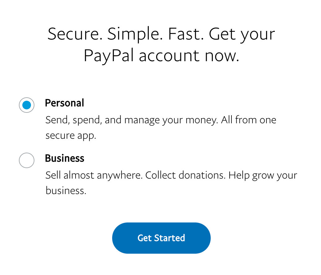 PayPal sign-up screen with Personal account option selected